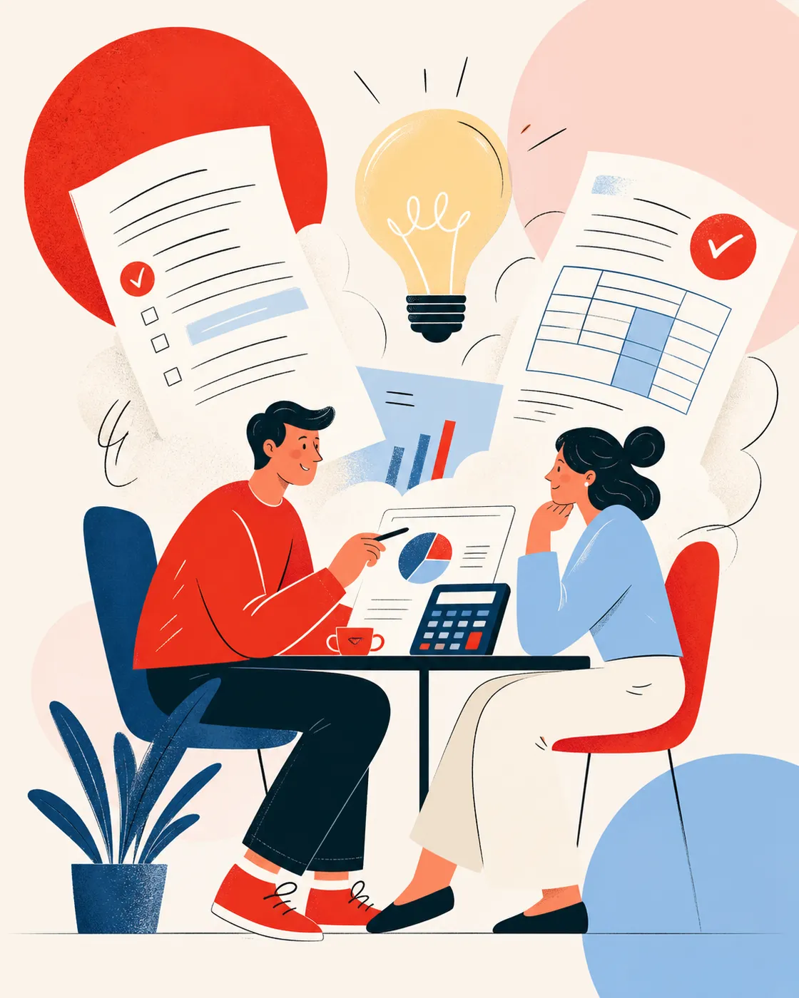 Advisor and client reviewing charts, calculator, and tax documents in a playful red and blue illustration