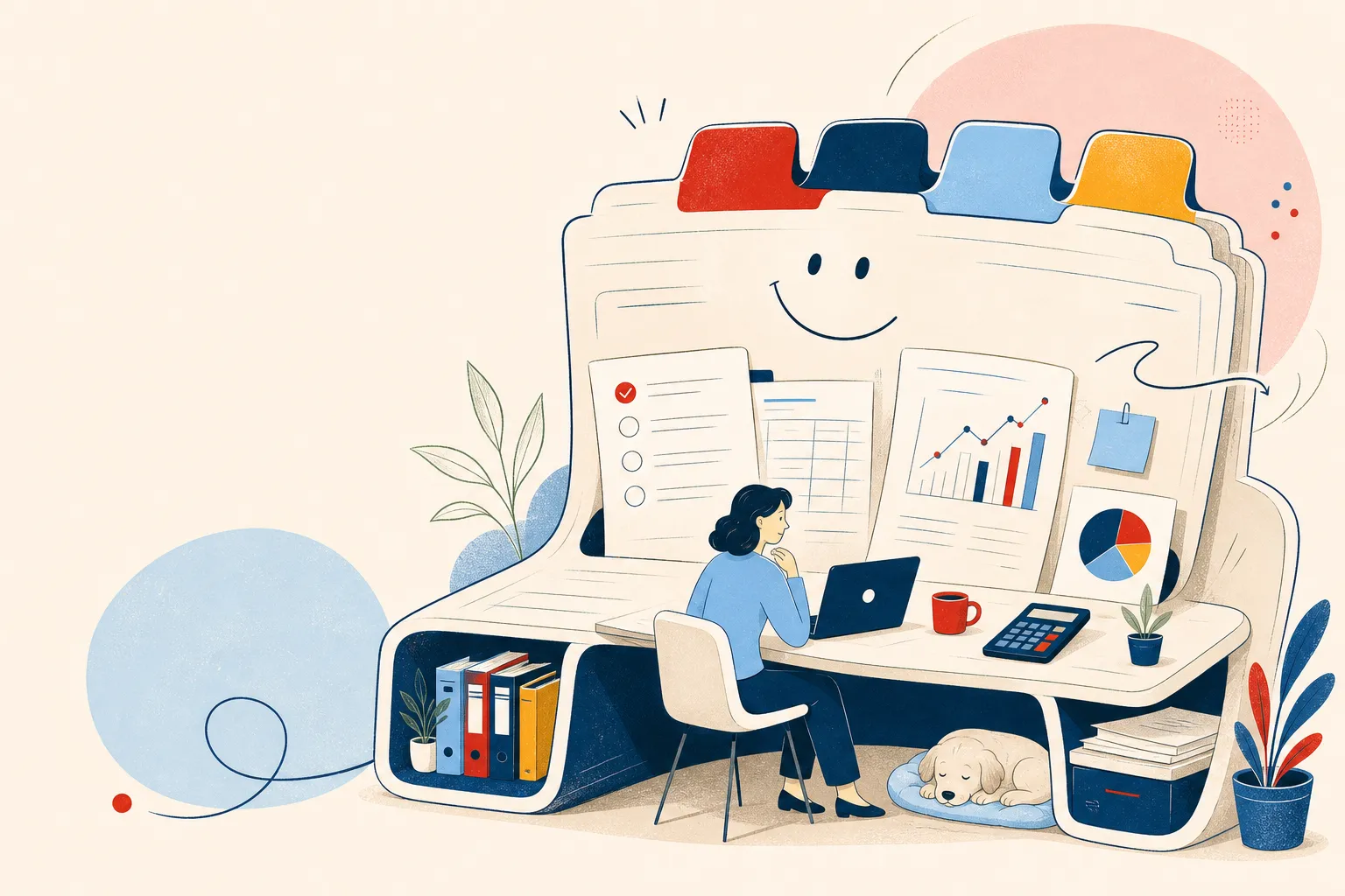 Illustrated giant tabbed RWB tax desk with folders, charts, calculator, laptop, and a small sleeping office dog