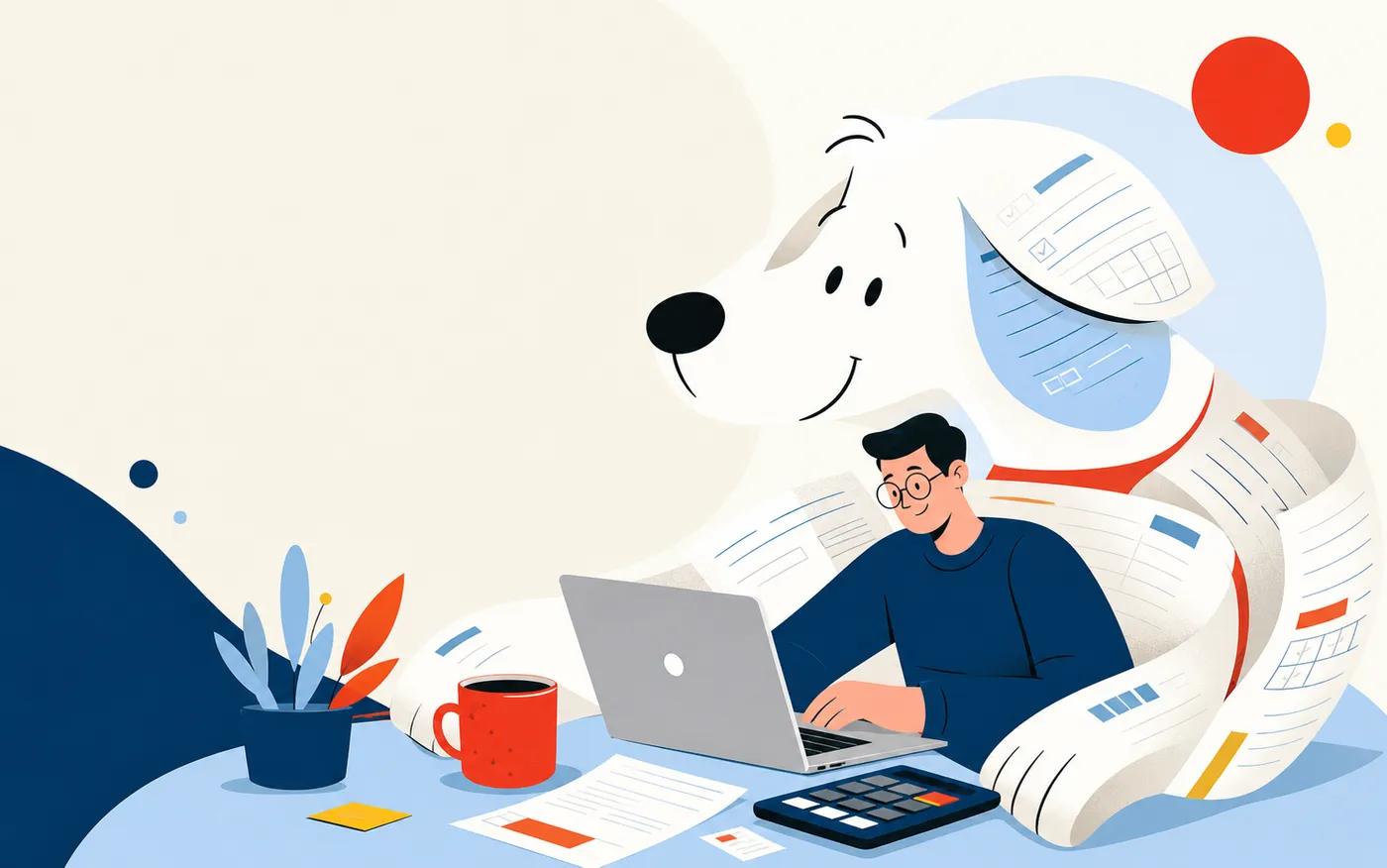 Playful tax paperwork mascot wrapped around a professional reviewing documents on a laptop