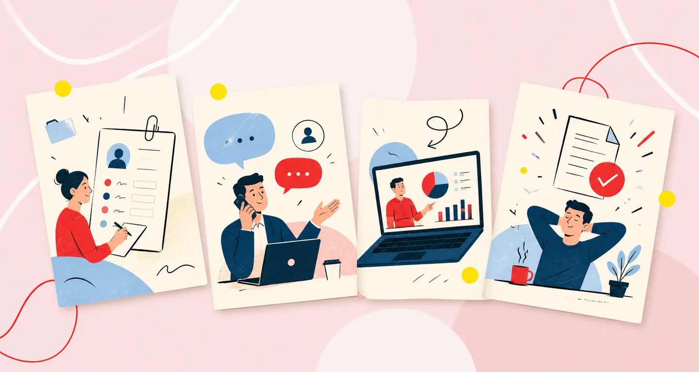 Four illustrated cards showing tax intake, an advisor call, a video walkthrough, and a completed filing