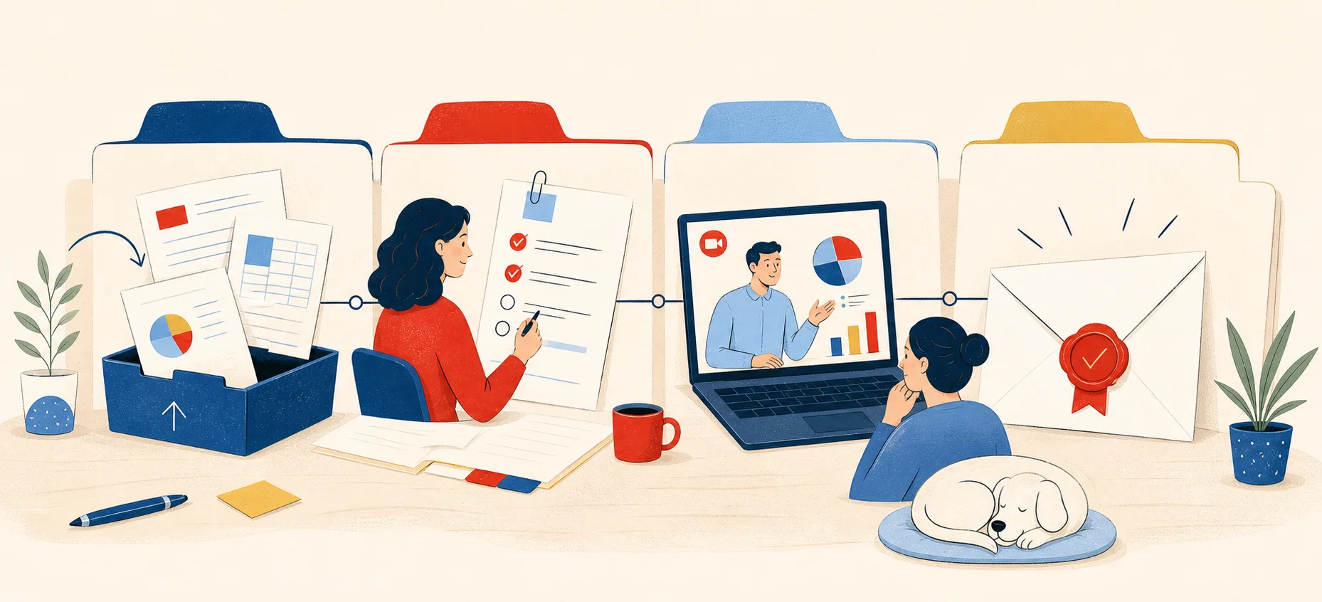 Illustrated RWB process tabs showing intake, review, a financial health report, and next steps