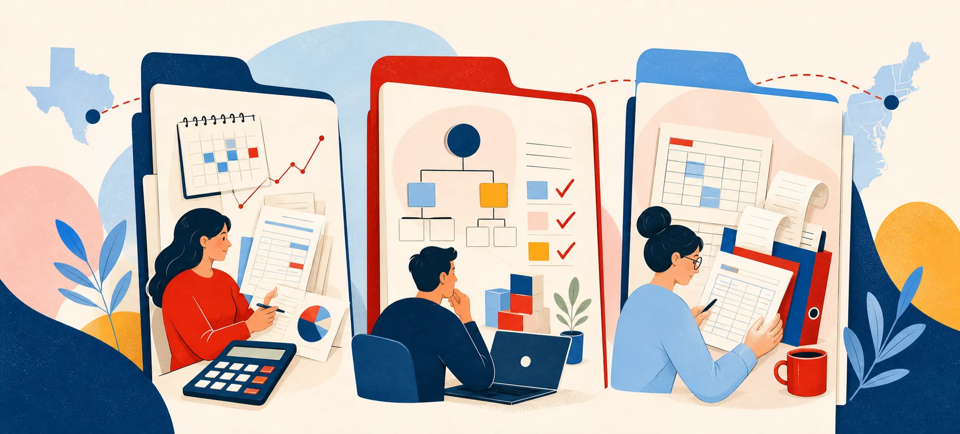 Illustrated tabbed service lanes representing a full finance team: accounting, tax, and a financial officer