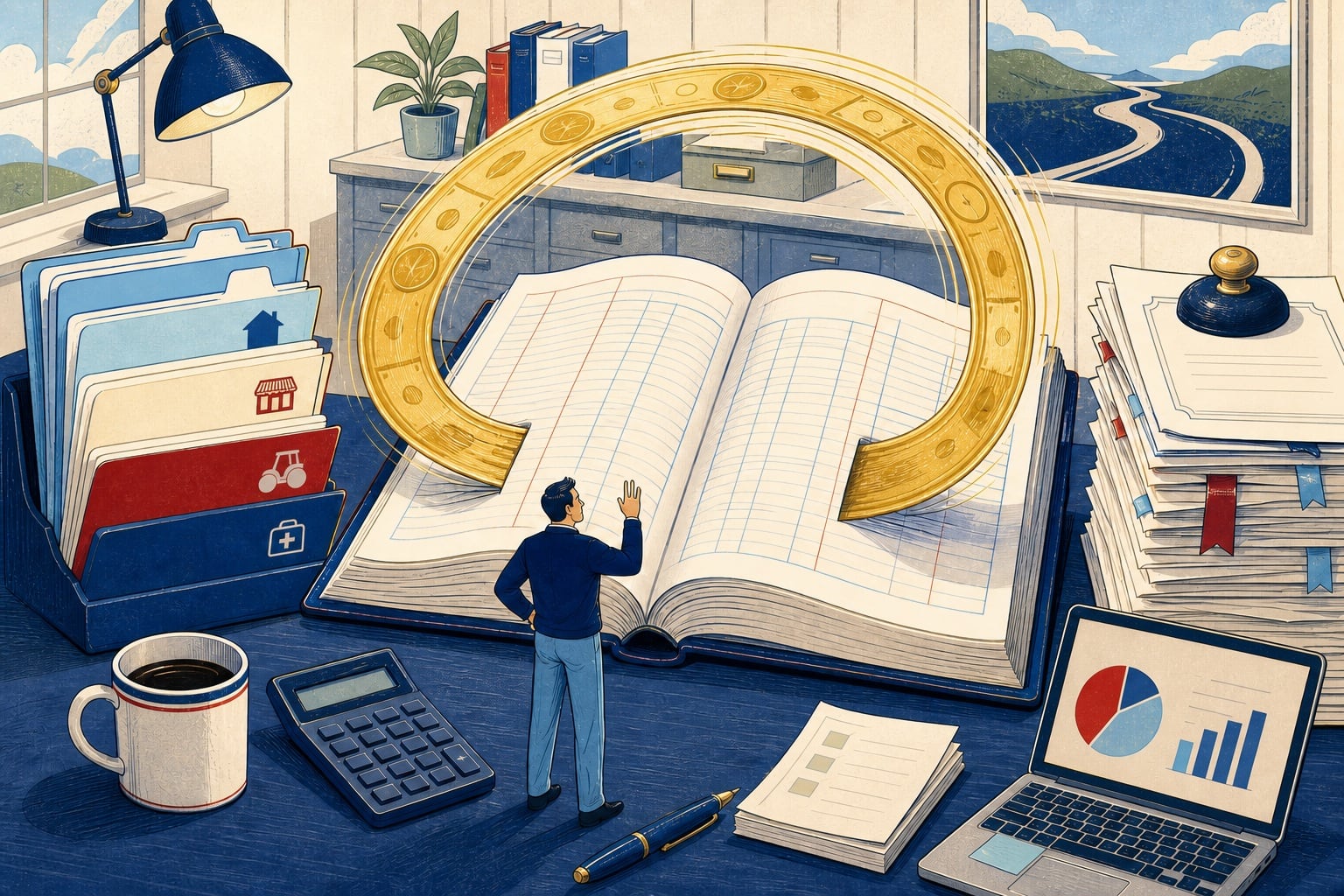 Illustration of an oversized ledger with a gold ribbon of money looping out and back through it, representing pass-through client spend that never belongs to the agency