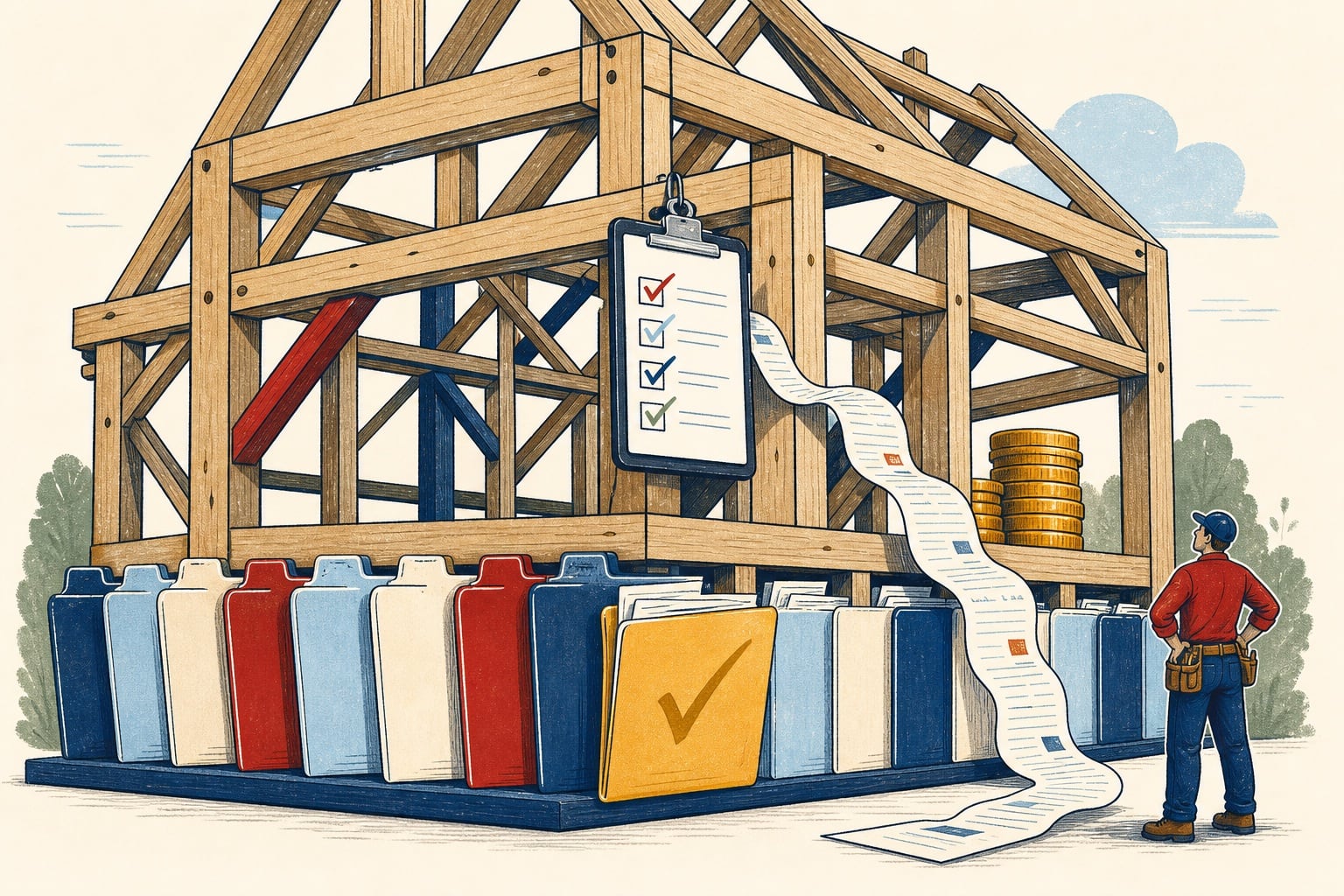 Illustration of a half-built timber frame with a row of job folders along its base, one pulled out of line and highlighted, and a stack of coins partly hidden behind the structure