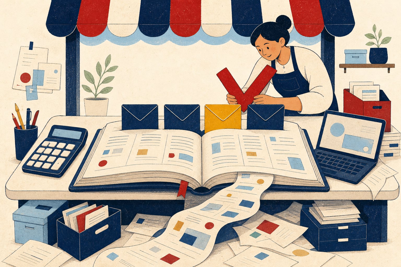 Illustration of a business owner at a filing desk with an oversized ledger and four quarterly envelopes, the third highlighted
