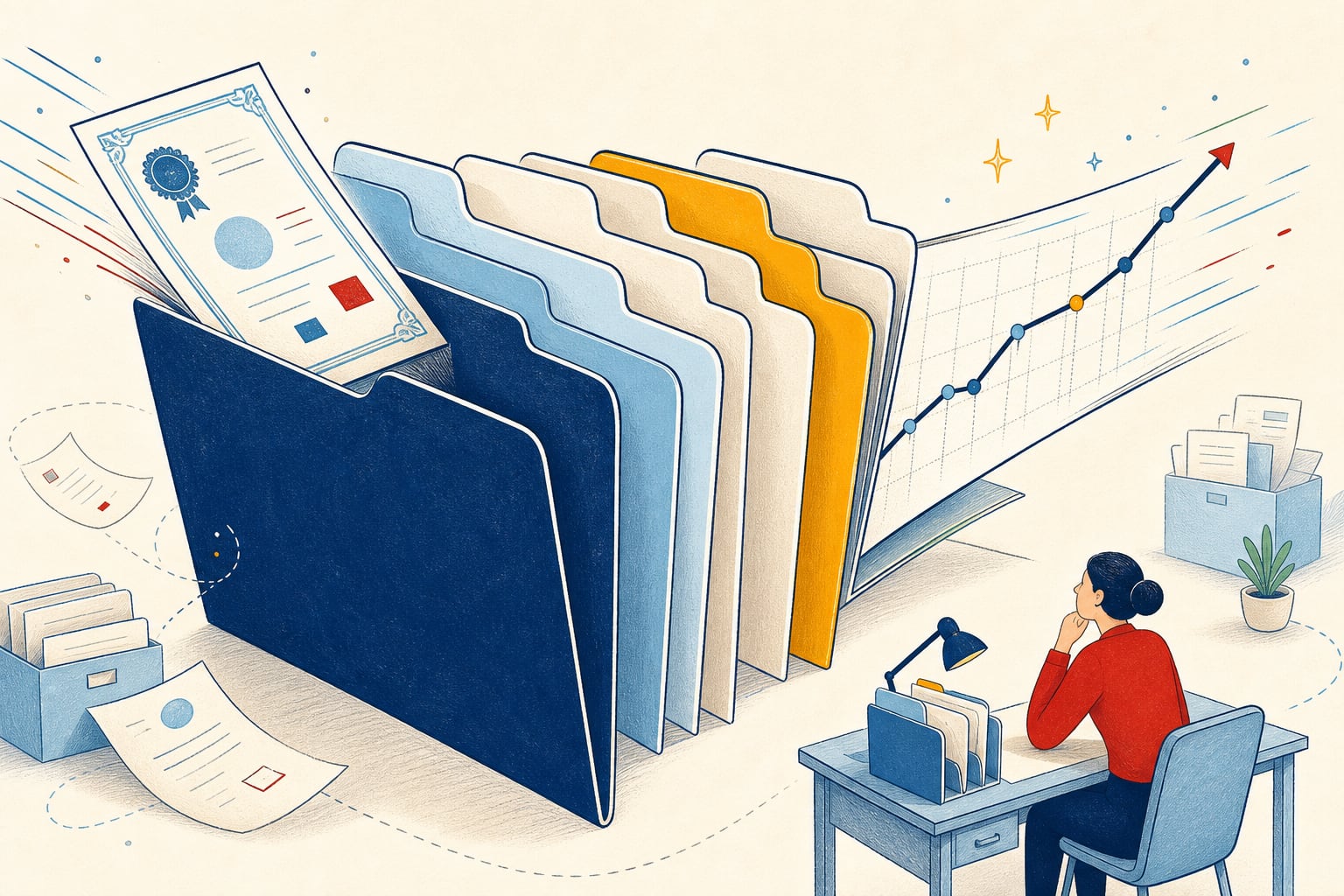 Illustration of an oversized tabbed folder showing shares arriving at vesting and later leaving as a rising chart, marking the two separate taxable moments