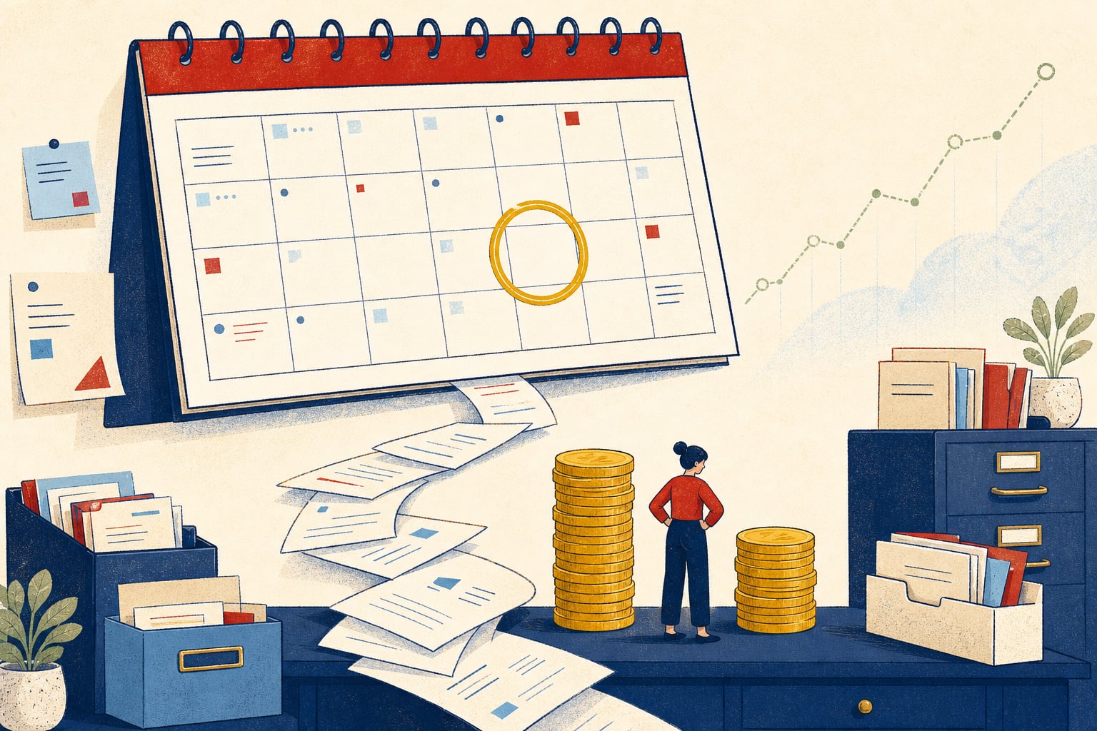 Illustration of an oversized calendar with one date circled, a paper trail of pay stubs, and two uneven coin stacks showing the gap between tax withheld and tax owed