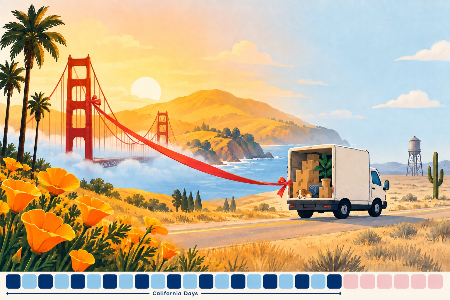 Illustration of a moving truck leaving golden California hills and a red suspension bridge for a flat open plain, a red ribbon still tethering it back to the bridge, above a strip of day-squares labelled California Days covering roughly three quarters of the vesting period